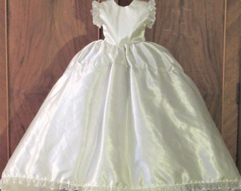 Vintage Doll Dress Sleeveless Wedding w Train Bright White Satin & Lace 003