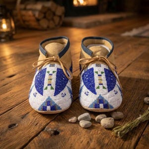 May include: A pair of tan suede moccasins featuring intricate beadwork in blue, white, and green geometric patterns on the toe area. The footwear includes thin tan leather laces tied at the front and a dark blue trim along the top collar edge.