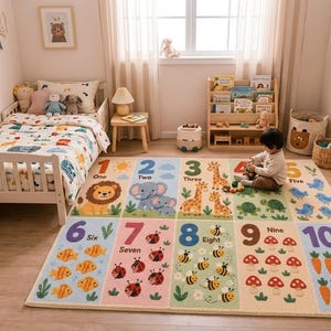 May include: A rectangular area rug featuring a grid of ten colorful squares, each displaying a number from one to ten alongside corresponding illustrations of animals, insects, or vegetables, including lions, elephants, giraffes, and carrots.