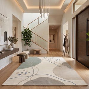 Modern Abstract Area Rug, Ivory Sage Green Taupe Carpet, Geometric Wool Rug, Scandinavian Minimalist Living Room Decor
