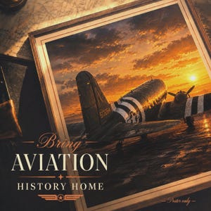 Op de afbeelding: Een ingelijste poster met een historisch militair vliegtuig op een landingsbaan bij zonsondergang. De tekst luidt: Bring AVIATION HISTORY HOME. Het vliegtuig heeft zwart-witte strepen op de vleugels en romp, met het nummer 517264 op de staartvin.