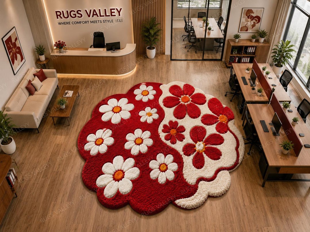 Red Floral Daisy Shaped Tufted Rug, Abstract Flower Carpet, Modern ...
