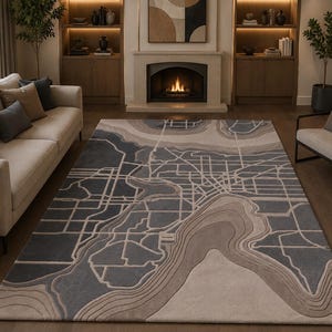 Modern Map Area Rug, Charcoal Beige Abstract Contemporary Rug
