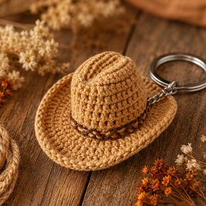 May include: A miniature tan crochet cowboy hat keychain featuring a textured crown and a wide brim. A dark brown braided yarn band encircles the base of the crown. The hat is attached to a silver-toned metal split ring by a short metal chain.