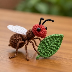 May include: A crocheted ant figurine featuring a red head with black antennae, a brown body, white wings, and six legs. The ant is holding a textured green crocheted leaf in its front legs. The toy is crafted with visible yarn stitches.