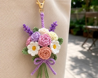 Crochet Floral Bouquet Bag Charm Pattern PDF | Rose Daisy Lavender Keychain Tutorial (PDF)