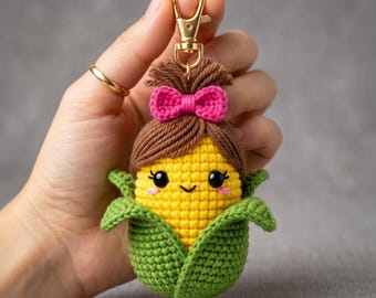 Kawaii Corn Girl Crochet Keychain Pattern, Amigurumi Charm Tutorial (PDF Download)