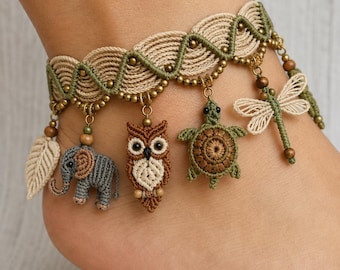 Boho Wildlife Charm Macramé Anklet Pattern PDF – Elephant Owl Turtle Dragonfly Leaf Jewelry Tutorial