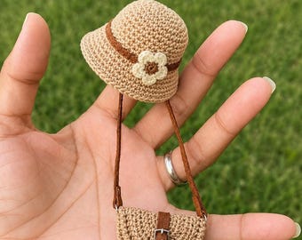 Mönster för virkad solhatt och väska i miniatyr | Boho docktillbehör (PDF-mönster)
