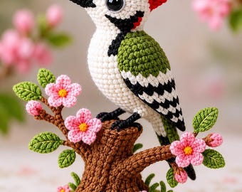 Specht auf blühendem Baumstumpf Häkelanleitung PDF - Amigurumi Bird Nature Decor Tutorial