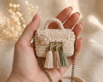 Mini Crochet Handbag Keychain Pattern, Flower Pearl Tassel Purse Charm Tutorial (PDF Download)