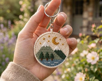 Crochet Keychain Pattern, Mountain Landscape, Moon Stars, Nature Scene Tutorial (PDF Download)