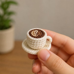 Mini Crochet Latte Cup & Saucer Pattern – Amigurumi Coffee Cup with Heart Art (PDF)