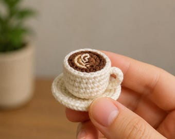 Mini Crochet Latte Cup & Saucer Pattern – Amigurumi Coffee Cup with Heart Art (PDF)