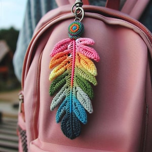 May include: A vibrant, handmade feather keyring with a rainbow gradient. The keyring is attached to a silver ring and features a detailed, textured design. The feather is made of various colours, including pink, orange, yellow, green, blue, and teal.