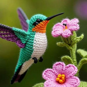 Peut inclure: Un colibri au crochet avec une tête sarcelle, une gorge orange, une poitrine blanche et des ailes violettes, planant près d'une tige verte avec deux fleurs roses à centres jaunes. Le mot Alcher est imprimé en blanc en bas à droite.