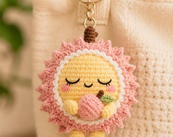 Sleeping Peach Durian Crochet Pattern PDF – Kawaii Amigurumi Keychain Tutorial with Peach Accessory