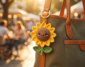 Crochet Sunflower Keychain Pattern, Kawaii Flower Bag Charm Tutorial (PDF Pattern)
