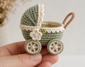 Crochet Baby Stroller Pattern, Miniature Pram, Nursery Decor, Floral Embellishment (PDF Download)