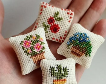 Miniature Botanical Cross Stitch Pattern Set | Berry, Flower Pot, Cactus Ornaments (PDF Download)
