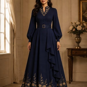 blue and gold long sleeve prom dress Luxury Gold Lace Long Sleeve Evening Dress Sky Blue Michael Cinco Plus Size Prom  Gown from Dhgate Evening Dresses