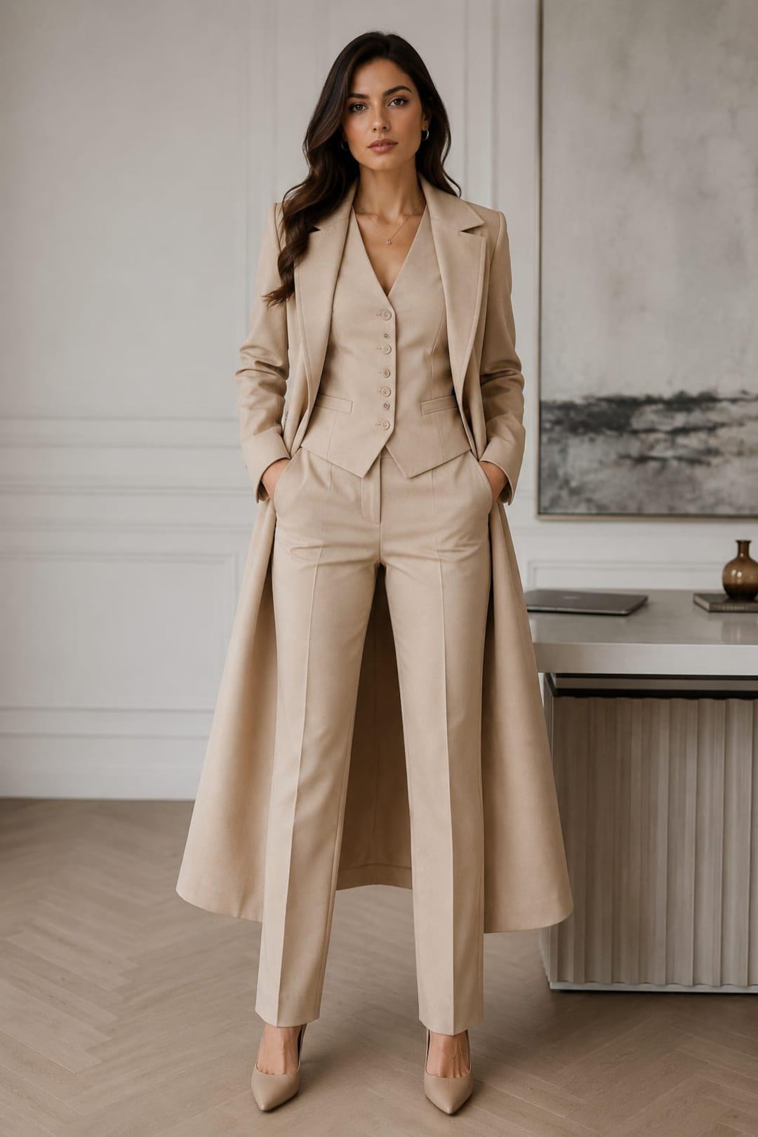 Beige suit set monochromatic business casual outfit for women