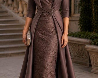 Elegant Brown Lace Evening Gown with Satin Overskirt – Formal Occasion Maxi Dress