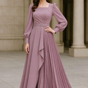 Elegantes Mauve-Plissee-Maxikleid, langärmeliges formelles Abendkleid, bescheidene Partykleidung