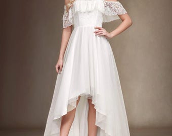 Elegant White High-Low Lace Wedding Dress | Off Shoulder Bridal Gown | Romantic Tulle Wedding Dress.
