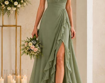 Sage Green Chiffon Halter Neck Gown, Floor Length Ruffle Slit Dress