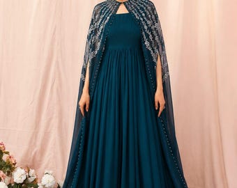 Elegant Teal Blue Chiffon Maxi Dress with Hand-Embellished Cape | Modest Evening Gown, Formal Wedding Guest & Bridesmaid Luxury Dress