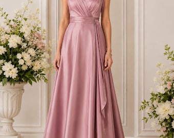 Suknia dla druhny z satyny Dusty Rose z dekoltem w serek i długością do ziemi, elegancka suknia wieczorowa
