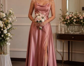Suknia dla druhny z satyny w kolorze Dusty Rose, elegancka suknia z odkrytymi plecami dla gości weselnych, długa formalna suknia z satyny dla druhen.