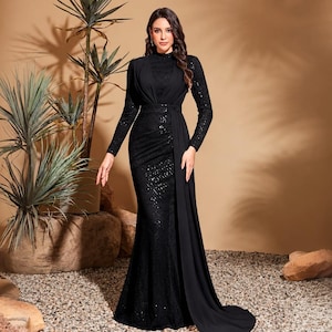 black high neck sequin dress Sexy Sparkle Black High neck High Split Sequin Prom Dresses