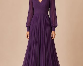 Purple Chiffon Mother of the Bride Dress, Long Sleeve Pleated Maxi Dress, Formal Wedding Guest Dress, Elegant V Neck Evening Gown