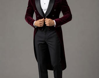 Men's Burgundy Velvet Tailcoat Tuxedo, Victorian Gothic Formal Evening Jacket