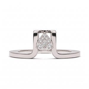 May include: A silver-toned ring featuring a unique architectural bridge design. The center of the bridge is adorned with a triangular cluster of six small, clear, round-cut stones that catch the light, set against a smooth, polished metal band.