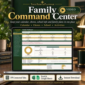 Feuille de calcul de planification familiale, centre de commandement familial avec tableau des tâches et calendrier, Excel et Google Sheets