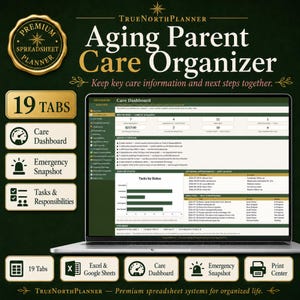 May include: A digital Aging Parent Care Organizer spreadsheet planner displayed on a laptop screen. The interface features a Care Dashboard with key metrics, task status charts, and appointment lists. It includes 19 tabs for organization.