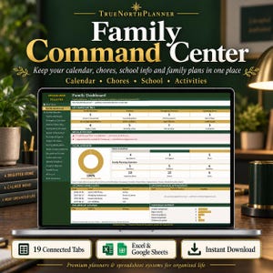 Family Planner Spreadsheet, Family Command Center with Chore Chart and Calendar, Excel & Google Sheets