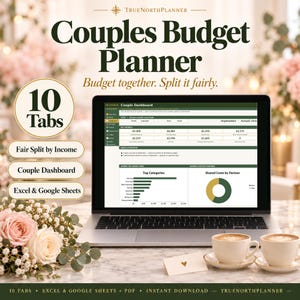 May include: A digital Couples Budget Planner displayed on a laptop screen, featuring 10 tabs, a dashboard, and income-based split tools. The interface includes charts, tables, and financial metrics compatible with Excel and Google Sheets.