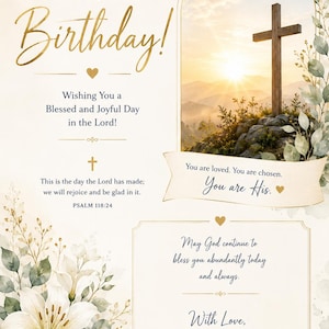 Może przedstawiać: Kartka urodzinowa z krzyżem na wzgórzu o zachodzie słońca. Karta ma kwiatowe i liściaste akcenty oraz słowa "Happy Birthday!" w złotym skrypcie. Karta zawiera tekst religijny i życzenia.