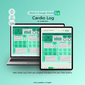 May include: A digital Cardio Log spreadsheet template for Google Sheets displayed on a laptop and tablet. The interface features green and white charts, graphs, and data tables for tracking cycling and running metrics, including total logged entries.