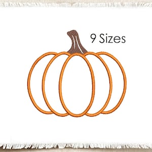 May include: An embroidery design featuring an orange pumpkin outline with a brown stem, centered on a white fabric square with frayed edges. The text 9 Sizes is printed in black to the right of the pumpkin stem on the white background.