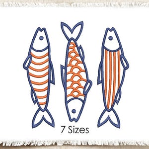 May include: Three embroidered fish designs in orange and blue on a white background. The fish have different patterns, including stripes and scales. The text "7 Sizes" is displayed below the fish.