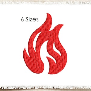 May include: A red embroidered flame design on a white background. The image features the text "6 Sizes" at the top. The flame is stylized with textured stitching, suggesting a patch or applique for clothing or crafts.