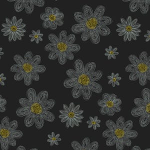 May include: A dark gray fabric featuring a repeating pattern of white scribbled-style flower outlines with solid yellow centers. The flowers vary in size and are distributed across the surface, creating a dense floral design with a hand-drawn look.