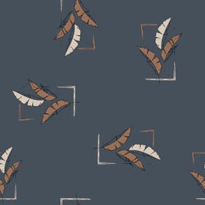 May include: A seamless pattern featuring stylised leaf illustrations in shades of brown and cream, arranged with thin, angular geometric line accents against a solid dark slate blue background. The design repeats these botanical elements throughout.