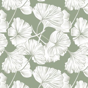 May include: A repeating pattern featuring white line-art illustrations of ginkgo biloba leaves set against a solid sage green background. The leaves are depicted with fine, detailed veins and fan-shaped silhouettes, creating a balanced botanical design.