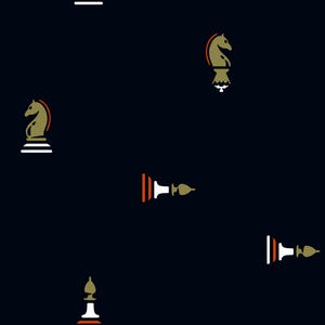 Könnte beinhalten: Ein dunkelblauer Stoff mit einem sich wiederholenden Muster aus stilisierten Schachfiguren. Das Design umfasst goldfarbene Springer-Köpfe mit orangefarbenen Akzenten und Läufer mit weißem Sockel und goldener Spitze, die verstreut angeordnet sind.